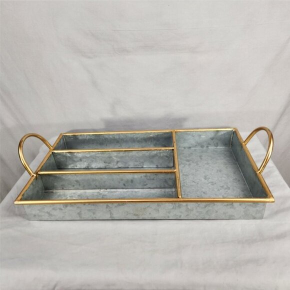 alvanized Divided Organizer Tray Silver with Gold Trim Handles Silver Ware - Picture 4 of 6